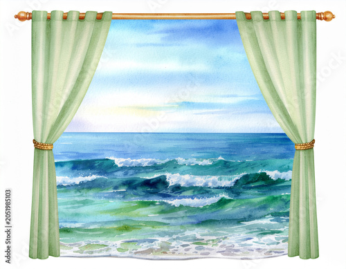 sea and curtains watercolor hand drawn