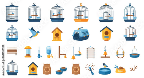 Bird Cages and Accessories Collection: Flat Design Vector Illustration