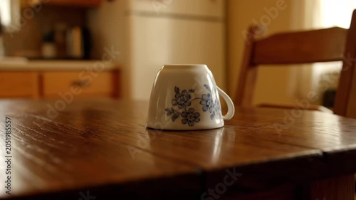 A single floral teacup sitting upside down on a wooden kitchen table.