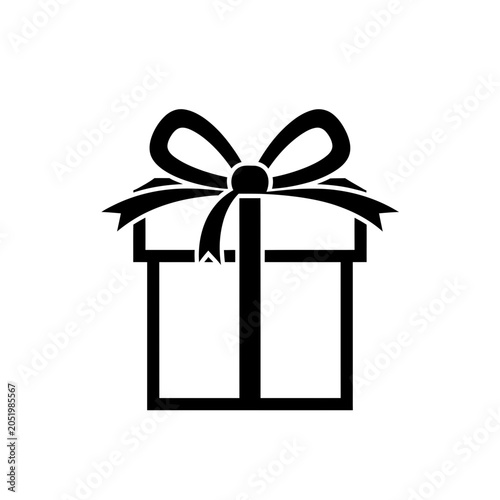 Black and white icon of a gift box with a ribbon and bow