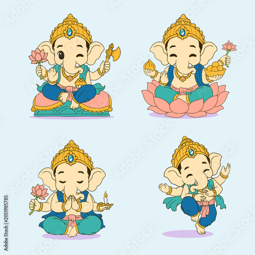 Cute Chibi Ganesha Blessing and Festival Vector Set