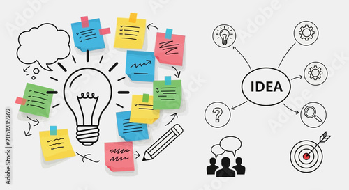 Brainstorming Idea Generation: Lightbulb, Sticky Notes, Mind Map, Pencil, Speech Bubbles
