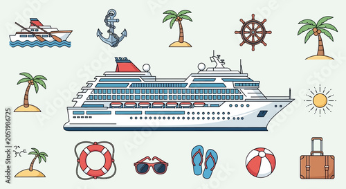 Cruise Ship with Tropical Island, Anchor, Sun, and Beach Accessories Icons