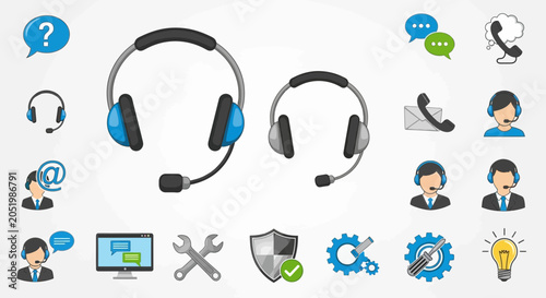 Customer Support Icons Set: Headphones, Call Center, Helpdesk, Communication