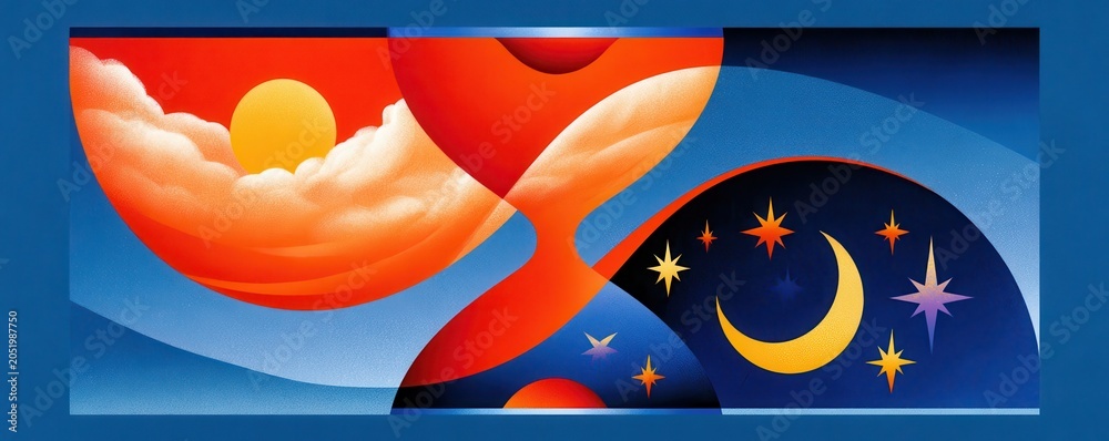 Obraz premium Vibrant stylized hourglass showing day and night with sun, moon and flowing time transition