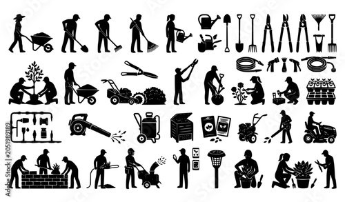 Obraz na plátne Black gardener and landscaping worker silhouette vector pack