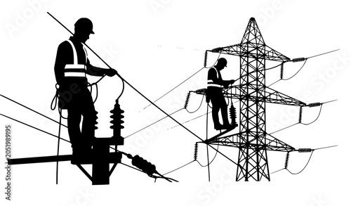 Obraz na plátne Electrical linemen working on high voltage power lines and towers
