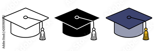 Tableau sur toile Graduation cap icon set with tassels, academic mortarboard hat collection in out
