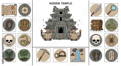 Canvastavla Jungle Temple Adventure Icons: Treasure Map, Compass, Explorer, Skull, Scorpion,