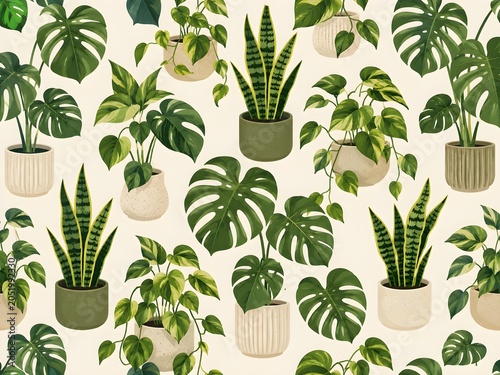 Modern Houseplant Seamless Pattern with Monstera Snake Plant and Pothos