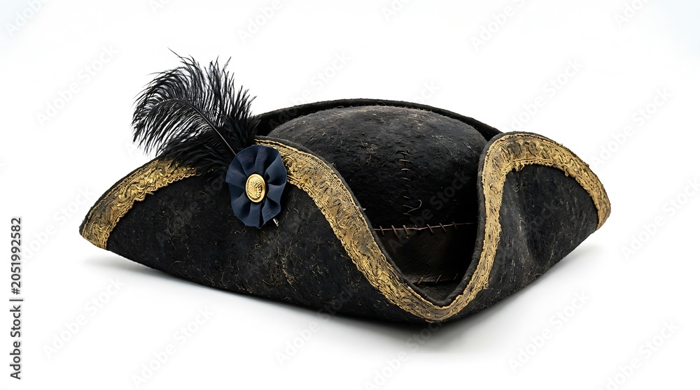 Fototapeta premium Historical Black Tricorn Hat with Gold Trim and Feather Plume