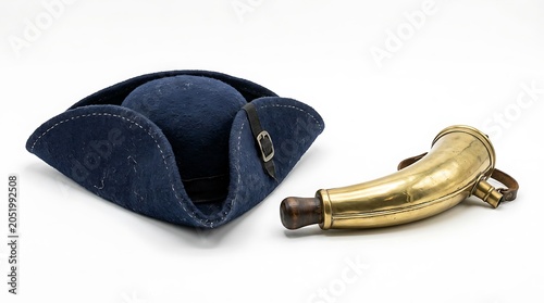 Colonial Tricorne Hat and Brass Powder Horn on White Background