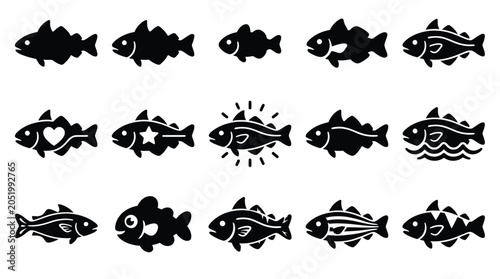 Schilderij op canvas Collection of stylized black fish icons with various designs and details