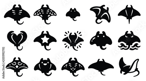 Canvas-taulu Collection of stylized manta ray icons in silhouette, representing marine life and ocean creatures
