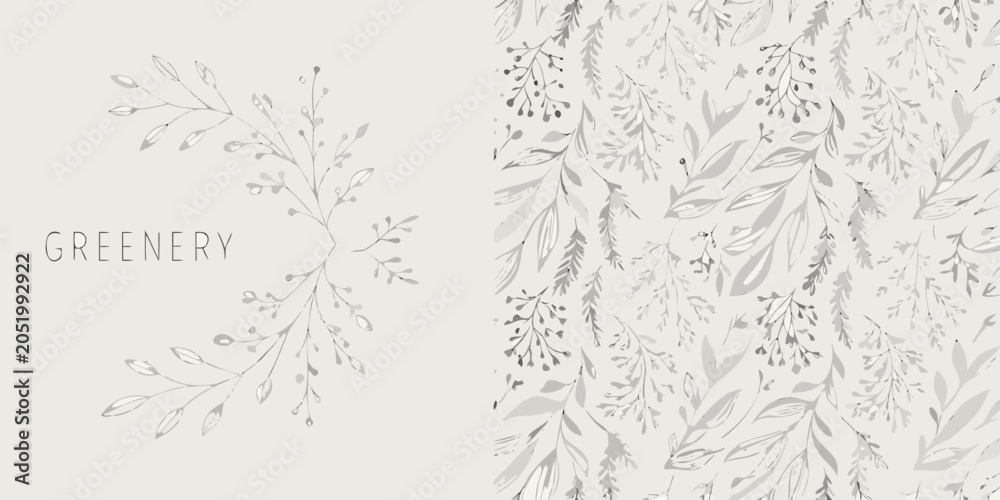 Obraz premium Minimalist hand drawn greenery pattern with delicate leaves and stems on a neutral background botanical