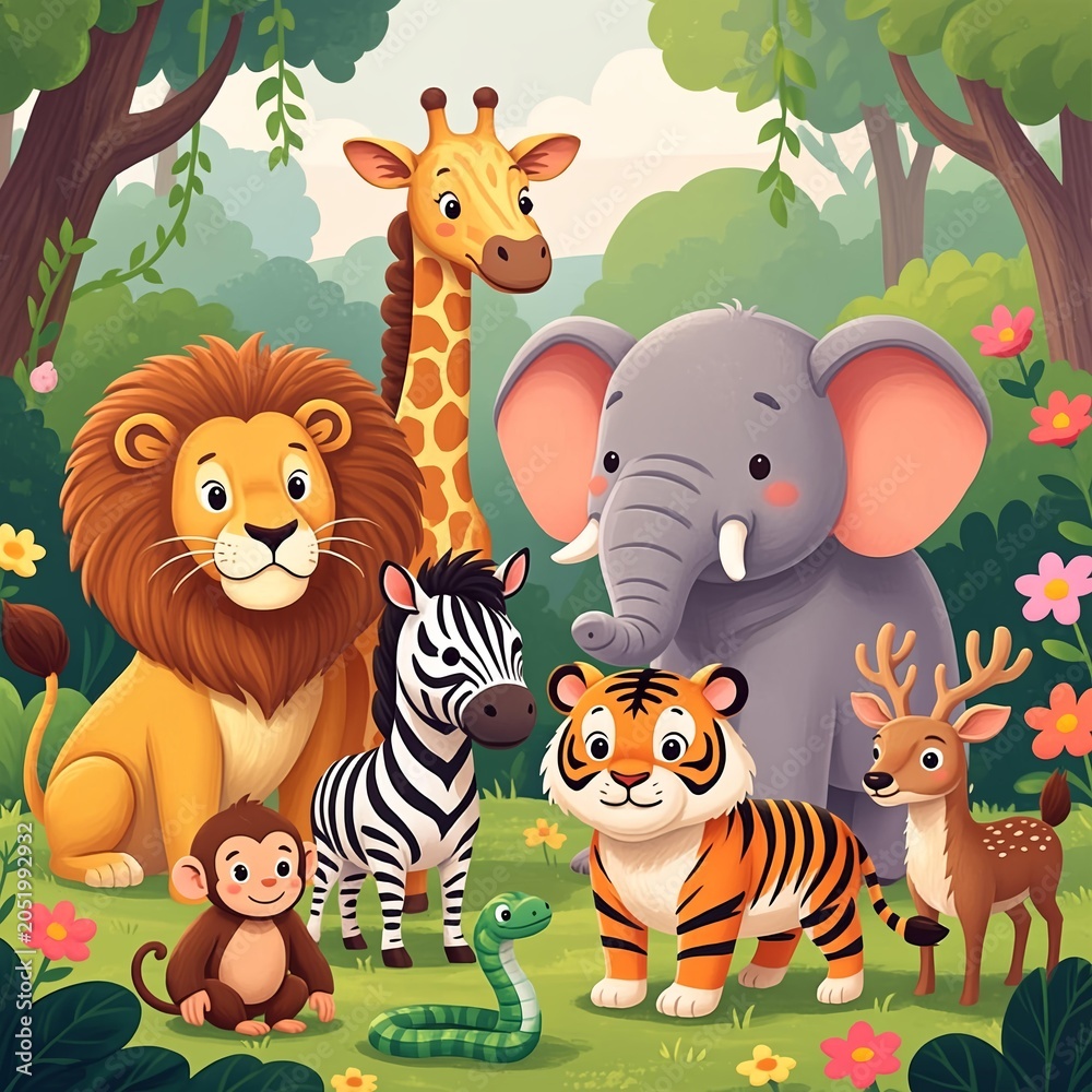 Naklejka premium Adorable cartoon jungle animals gather in a vibrant, lush forest, a charming illustration perfect for children's books and educational materials