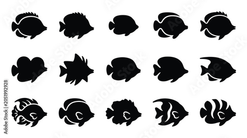 Foto Collection of diverse black silhouettes of tropical fish, representing various marine species and aquatic life