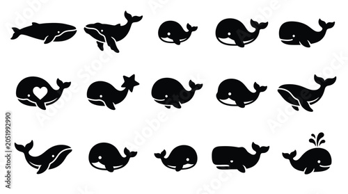 Tableau sur toile Collection of cute whale icons in silhouette, representing different poses and styles for marine life themes