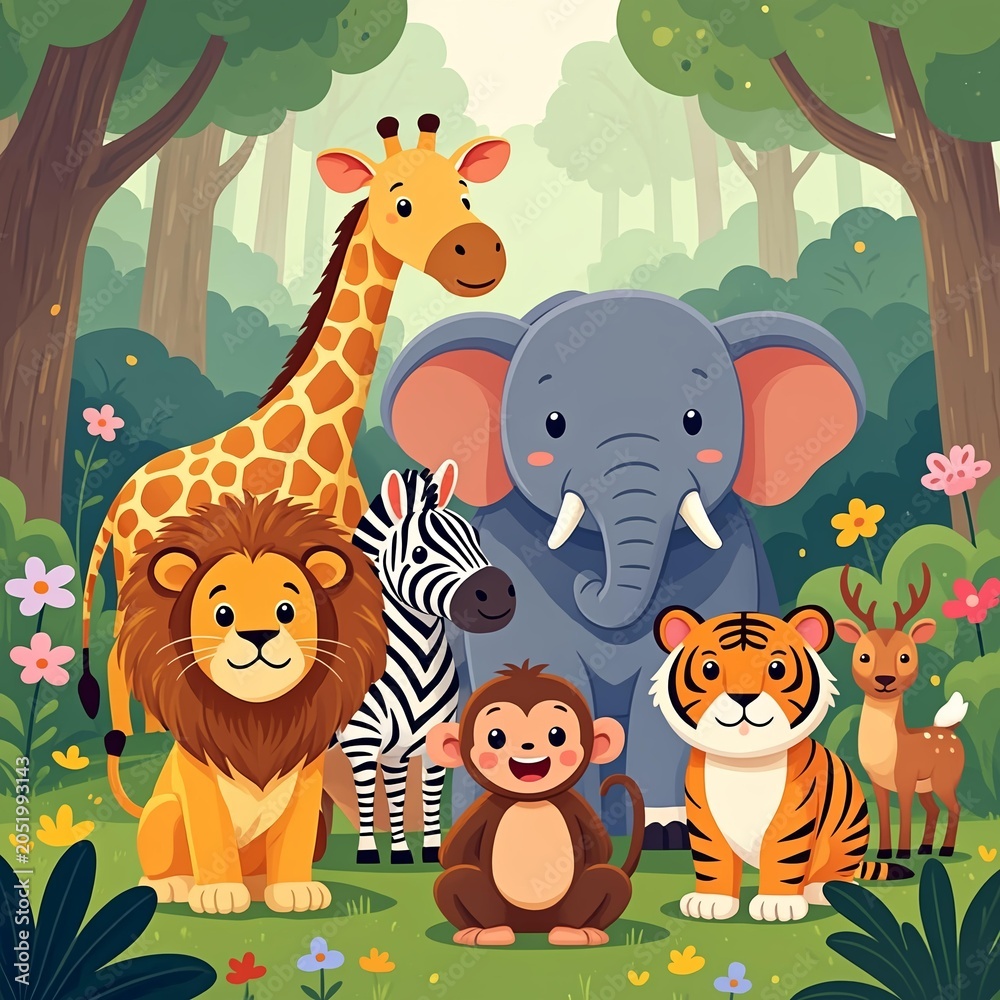 Naklejka premium Friendly Wild Animals Group in a Lush Jungle Forest Setting