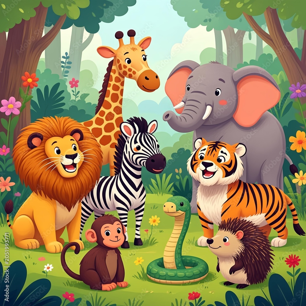 Naklejka premium A vibrant and joyful scene depicting a diverse group of friendly cartoon jungle animals in a lush, green forest setting