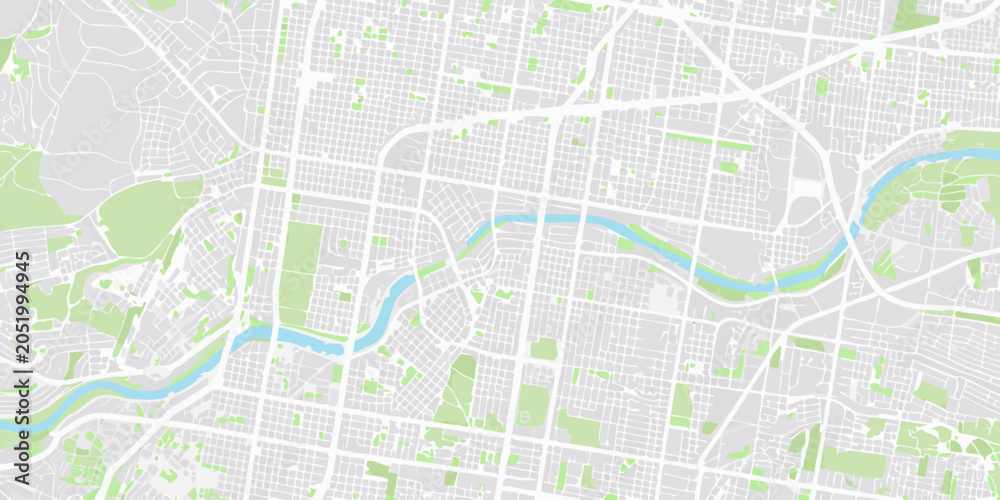 Fototapeta premium City map illustration with light green parks and winding blue rivers detailed vector design aerial
