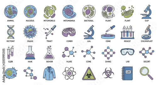 Foto Science and Biology Icons: Cells, Molecules, Lab Equipment, Microbes