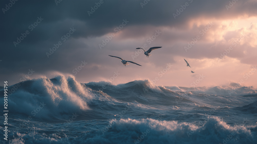 Naklejka premium Seagulls flying in the sky over mountains and ocean at sunset with clouds and orange light of nature and freedom over sea and water in the evening sky