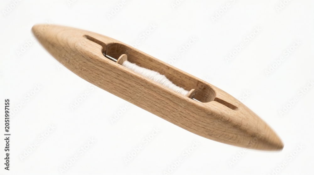 Fototapeta premium Traditional Wooden Weaving Shuttle Tool for Handloom Textiles and Fabric Crafting on a White Background