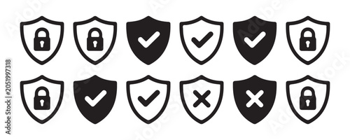 Tableau sur toile Cyber security shield icons with validation marks and lock symbols for antivirus software interface