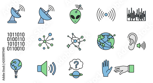 Tableau sur toile Technology Icons: Aliens, Satellites, Binary Code, Network, Sound Waves