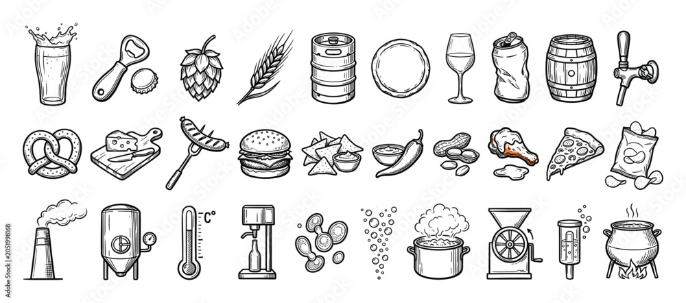 Fototapeta premium Set of beer brewing and pub food icons. Craft beer elements, brewery equipment, ingredients, snacks, bar, restaurant symbols. Hand drawn line art.