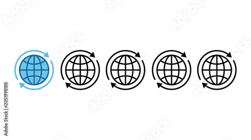 Horizontal row of stylized globe icons, solid and outlined, symbolizing global connectivity with wireframe spheres, latitude lines, and circular arrows.