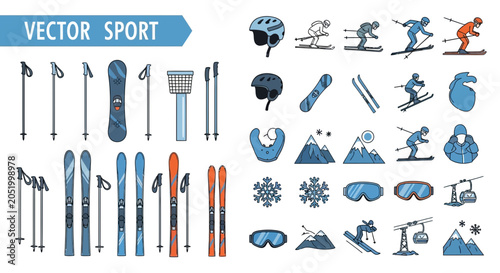 Foto Winter Sport Equipment, Snowboarding and Skiing Icons, Vector Graphics Set