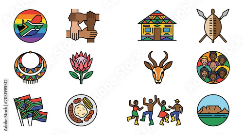 Colorful icons representing South African culture and unity (1)