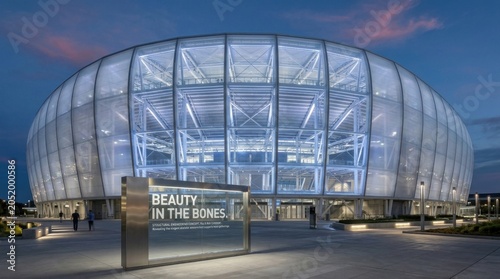 Modern Glass Dome Futuristic Football Stadium Exterior Daylight Architectural Concept