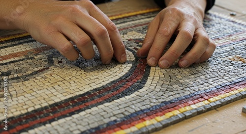 A person skillfully creates a colorful mosaic on a wooden table.