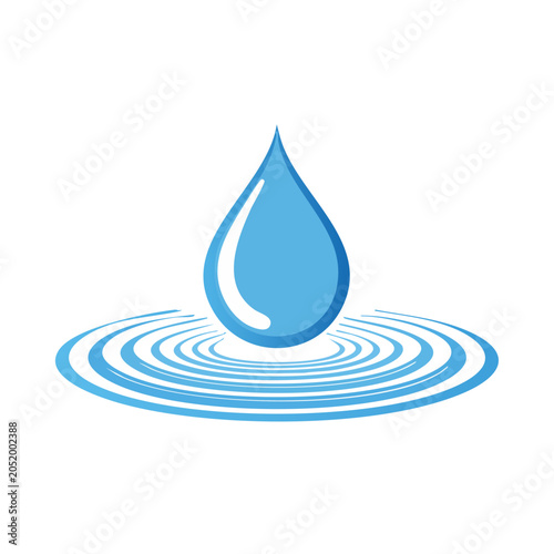 Blue water drop with ripples on white background