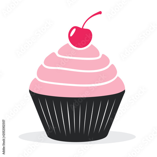 Flat design cupcake with pink frosting and cherry
