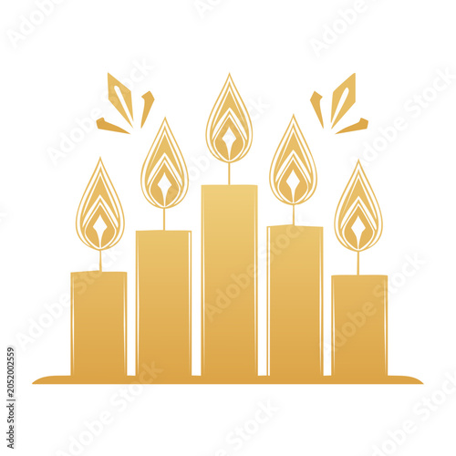 Golden burning candles with decorative flames on white background