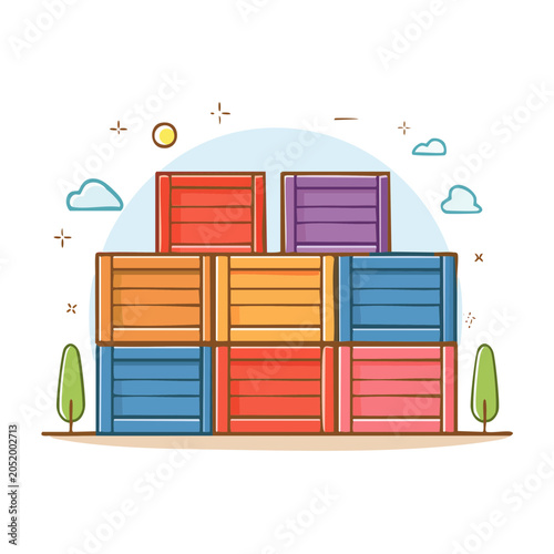 Stack of colorful wooden crates in flat design style