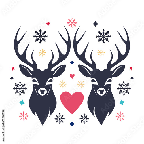 Two Deer Heads with Snowflakes and Hearts