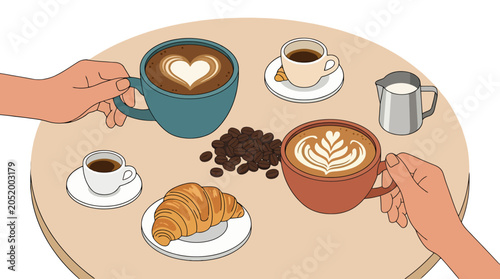 Hands Holding Coffee Cups with Latte Art on a Cafe Table.
