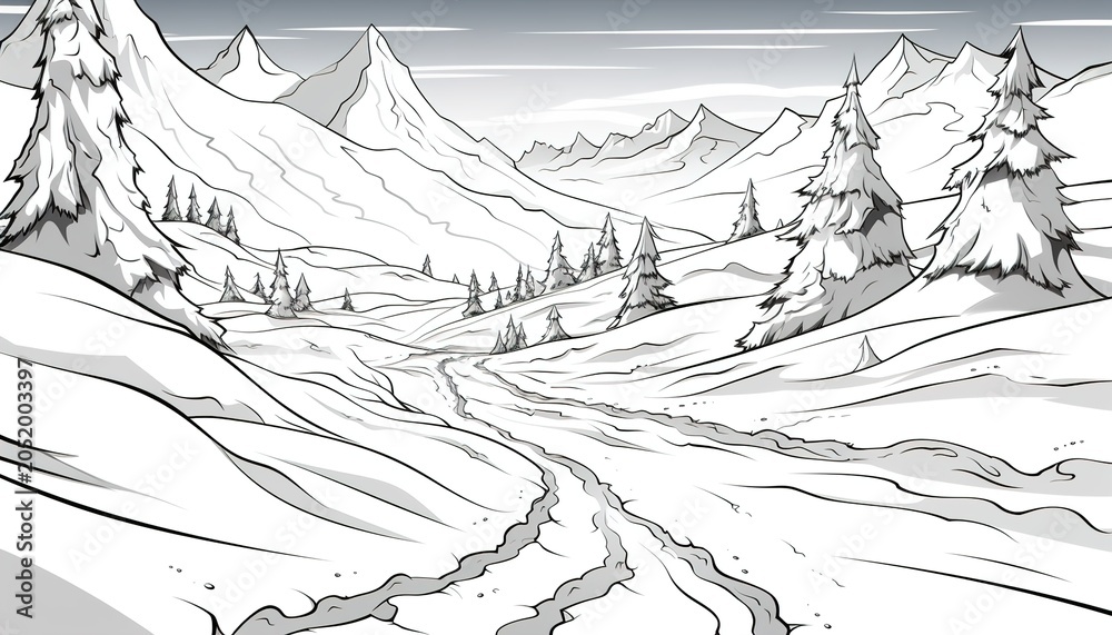 Fototapeta premium A serene black and white illustration of a snowy mountain landscape with trees