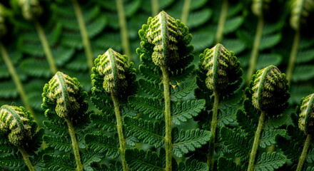 Symmetrical fractal patterns found in the macro details of a green fern leaf.