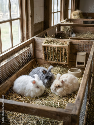 Angora rabbits raised on a farm in rustic wooden enclosures
