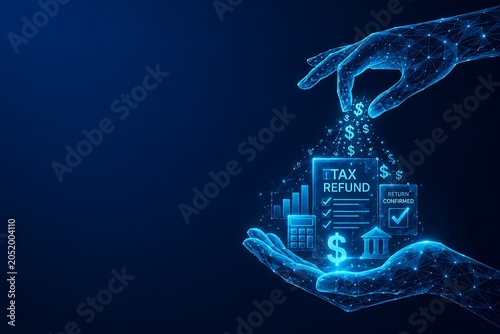 Tax refund financial document processing. futuristic low poly illustration AI tax assistant with document accounting business. futuristic low poly illustration AI tax assistant
