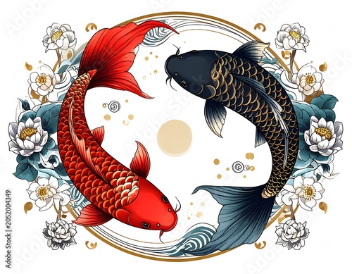 Black and Red Koi Fish Yin Yang Mandala with Gold Frame and Red Lotus Flowers