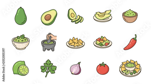 Bild auf Leinwand Colorful illustrations of guacamole ingredients and dishes (1)