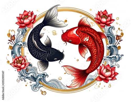 Black and Red Koi Fish Yin Yang Mandala with Gold Frame and Red Lotus Flowers