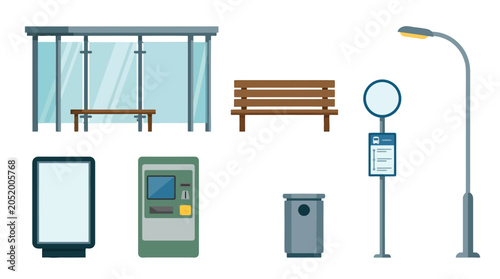 Flat vector illustration of urban street furniture elements including bus stop bench and street lamp.